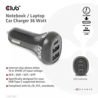 Club3D autós töltő laptopokhoz 36W, 3 port (2xUSB-A   USB-C)