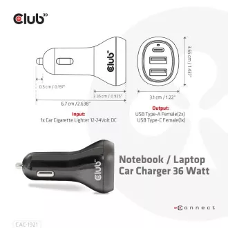 Club3D autós töltő laptopokhoz 36W, 3 port (2xUSB-A   USB-C)
