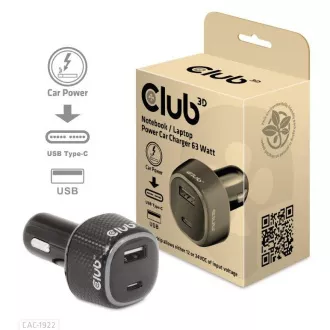 Club3D autós töltő laptopokhoz 63W, 2 port (USB-A   USB-C)