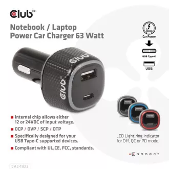 Club3D autós töltő laptopokhoz 63W, 2 port (USB-A   USB-C)
