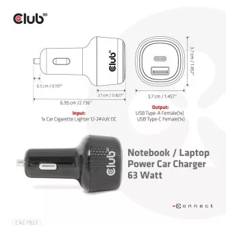 Club3D autós töltő laptopokhoz 63W, 2 port (USB-A   USB-C)