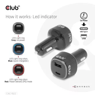 Club3D autós töltő laptopokhoz 63W, 2 port (USB-A   USB-C)