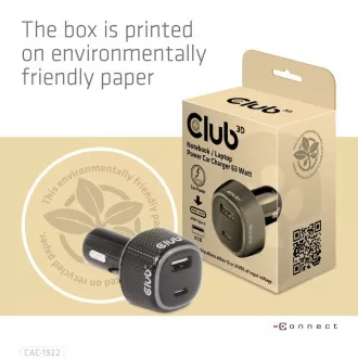 Club3D autós töltő laptopokhoz 63W, 2 port (USB-A   USB-C)