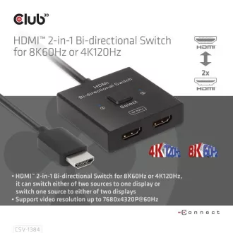 Club3D kapcsoló, HDMI-ről 2xHDMI-re fordítható 2in1, 8K60Hz, 4K120Hz