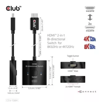 Club3D kapcsoló, HDMI-ről 2xHDMI-re fordítható 2in1, 8K60Hz, 4K120Hz