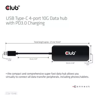 Club3D hub 1xUSB-C és 4xUSB-C között, 10 Gbps port, PD 3.0