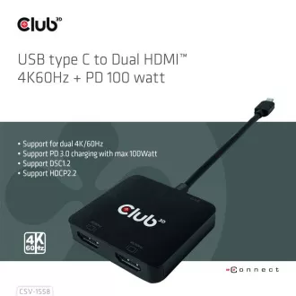 Club3D Video hub MST USB-C 2xHDMI   USB-C PD 3.0, 4K60Hz