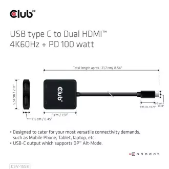 Club3D Video hub MST USB-C 2xHDMI   USB-C PD 3.0, 4K60Hz