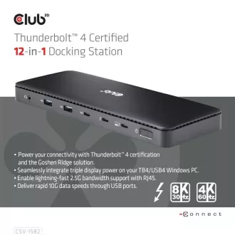 Club3D dokkolóállomás USB-C 12v1, 1xDP, 1xHDMI, 2xUSB-C, 4xUSB, 1xRJ45, fekete, fekete