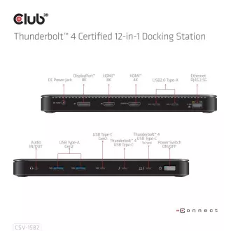 Club3D dokkolóállomás USB-C 12v1, 1xDP, 1xHDMI, 2xUSB-C, 4xUSB, 1xRJ45, fekete, fekete