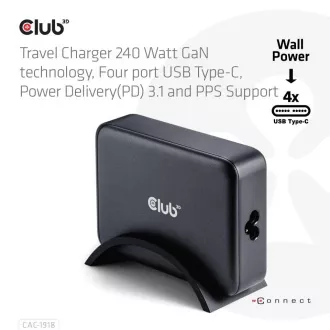 Club3D utazási töltő 240W GaN technológia, 4xUSB-C, PPS PD 3.1 támogatás Club3D utazási töltő 240W GaN technológia, 4xUSB-C, PPS PD 3.1 támogatás