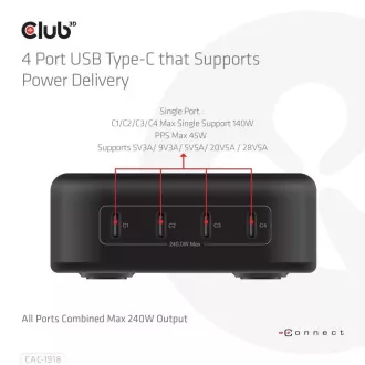 Club3D utazási töltő 240W GaN technológia, 4xUSB-C, PPS PD 3.1 támogatás Club3D utazási töltő 240W GaN technológia, 4xUSB-C, PPS PD 3.1 támogatás