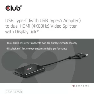 Club3D Video Hub USB-C/A és 2xHDMI 2.0, kettős monitor, 4K60Hz (M/F)