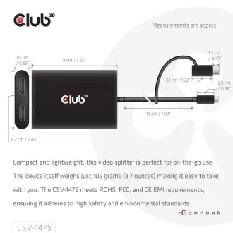Club3D Video Hub USB-C/A és 2xHDMI 2.0, kettős monitor, 4K60Hz (M/F)