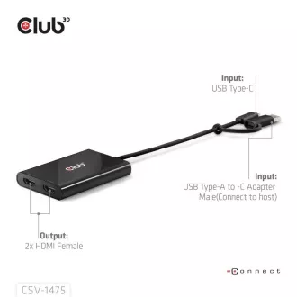 Club3D Video Hub USB-C/A és 2xHDMI 2.0, kettős monitor, 4K60Hz (M/F)