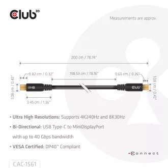 Club3D kábel USB-C és MiniDisplayPort 2.1, 8K30Hz, DSC1.2, UHBR10, 2m