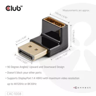 Club3D DisplayPort-ból DisplayPort 1.4 adapter, 4K120Hz, 8K30Hz, 90°
