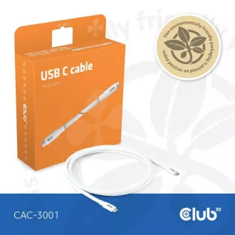 Club3D USB-C 4.0 kábel, 20Gbps, 4K60Hz, PD 240W, 2m, fehér