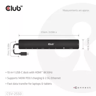 Club3D USB-C 10in1 dokkolóállomás, 140W PD, 1xHDMI, 3xUSB-C, 3xUSB, 1xRJ45, fekete, fekete