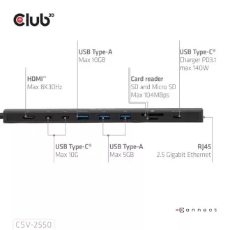 Club3D USB-C 10in1 dokkolóállomás, 140W PD, 1xHDMI, 3xUSB-C, 3xUSB, 1xRJ45, fekete, fekete