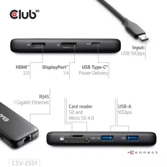 Club3D dokkolóállomás USB-C 8v1, 1xHDMI, 1xDP, 1xUSB-C, 2xUSB, 1xRJ45, fekete, fekete