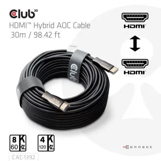 Club3D aktív hibrid optikai HDMI 2.1 kábel, 8K 60 Hz/4K 120 Hz, (M/M), 30 m