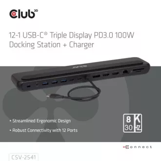 Club3D dokkolóállomás USB-C 12v1, 2xHDMI, 1xDP, 2xUSB-C, 3xUSB, 1xRJ45, 1x3.5mm, fekete, 1xRJ45, 1x3.5mm, fekete