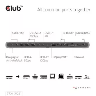 Club3D dokkolóállomás USB-C 12v1, 2xHDMI, 1xDP, 2xUSB-C, 3xUSB, 1xRJ45, 1x3.5mm, fekete, 1xRJ45, 1x3.5mm, fekete