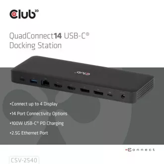 Club3D dokkolóállomás USB-C 14v1, 2xHDMI, 2xDP, 3xUSB-C, 1xUSB-C PD, 2xUSB, 1xRJ45, 1x3.5mm, microSD/SD, fekete színű