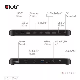 Club3D dokkolóállomás USB-C 14v1, 2xHDMI, 2xDP, 3xUSB-C, 1xUSB-C PD, 2xUSB, 1xRJ45, 1x3.5mm, microSD/SD, fekete színű