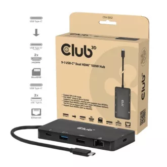 Club3D dokkolóállomás USB-C 9v1, 2xHDMI, 1xUSB-C, 1xUSB-C PD, 2xUSB, 1xRJ45, microSD/SD, fekete színben