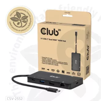 Club3D dokkolóállomás USB-C 9v1, 2xHDMI, 1xUSB-C, 1xUSB-C PD, 2xUSB, 1xRJ45, microSD/SD, fekete színben