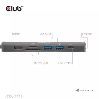 Club3D dokkolóállomás USB-C 7in1, 1xHDMI, 1xUSB-C PD, 2xUSB, 1xRJ45, microSD/SD, fekete színben