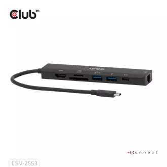 Club3D dokkolóállomás USB-C 7in1, 1xHDMI, 1xUSB-C PD, 2xUSB, 1xRJ45, microSD/SD, fekete színben