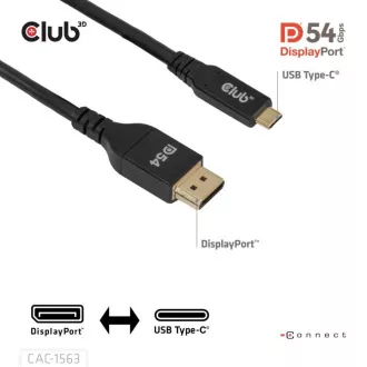 Club3D USB-C és DisplayPort 2.1 DP54 kétirányú kábel, 8K120Hz, 4K480Hz, 2m