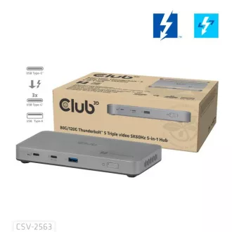 Club3D Hub Thunderbolt 5 5v1, 3x USB-C TB5, 1x USB-A, 1x8K60Hz, 3x 5K60Hz, Thunderbolt Share tanúsítvány, 180W