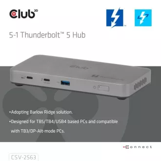 Club3D Hub Thunderbolt 5 5v1, 3x USB-C TB5, 1x USB-A, 1x8K60Hz, 3x 5K60Hz, Thunderbolt Share tanúsítvány, 180W