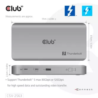Club3D Hub Thunderbolt 5 5v1, 3x USB-C TB5, 1x USB-A, 1x8K60Hz, 3x 5K60Hz, Thunderbolt Share tanúsítvány, 180W