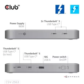 Club3D Hub Thunderbolt 5 5v1, 3x USB-C TB5, 1x USB-A, 1x8K60Hz, 3x 5K60Hz, Thunderbolt Share tanúsítvány, 180W