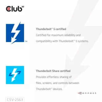 Club3D Hub Thunderbolt 5 5v1, 3x USB-C TB5, 1x USB-A, 1x8K60Hz, 3x 5K60Hz, Thunderbolt Share tanúsítvány, 180W