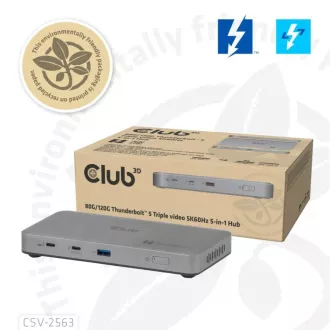 Club3D Hub Thunderbolt 5 5v1, 3x USB-C TB5, 1x USB-A, 1x8K60Hz, 3x 5K60Hz, Thunderbolt Share tanúsítvány, 180W