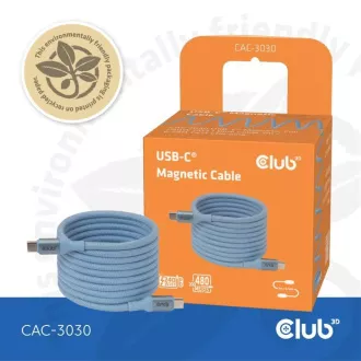 Club3D mágneses USB-C kábel, 240W PD3.1, 480 Mbps, 2m, kék