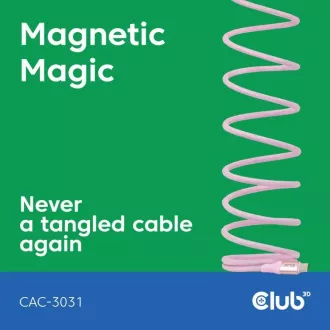 Club3D mágneses USB-C kábel, 240W PD3.1, 480 Mbps, 2m, rózsaszín, rózsaszín