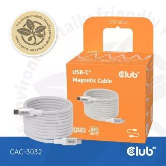Club3D mágneses USB-C kábel, 240W PD3.1, 480 Mbps, 2m, fehér