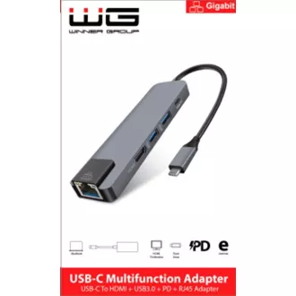 WG - HUB Type-C 4 v1, HDMI   RJ45   USB3.0, alumínium, alumínium