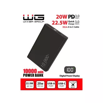 WG - Power Bank 10000 mAh, USB-C PD 20W   USB-A 22.5W, fekete