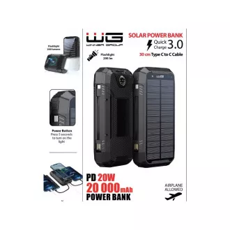 WG - Power Bank 20000 mAh, napelem   vezeték nélküli töltés 15W   zseblámpa   iránytű, USB-C PD 20W, fekete színű