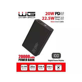 WG - Power Bank 20000 mAh, USB-C PD 20W   USB-A QC 22.5W, fekete
