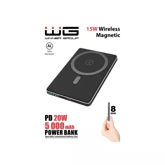 WG - Power Bank 5000 mAh, vezeték nélküli 15W   PD 20W, fekete
