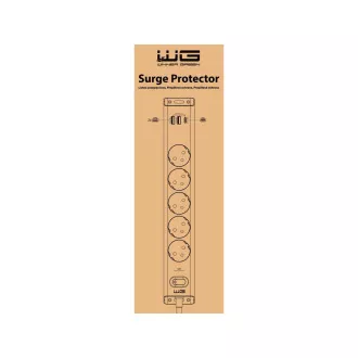 WG - Túlfeszültségvédő 5 slot 2x USB-A 1x USB-C, kábel 1, 5 méter, fehér WG - Túlfeszültségvédő 5 slot 2x USB-A 1x USB-C, kábel 1, 5 méter, fehér